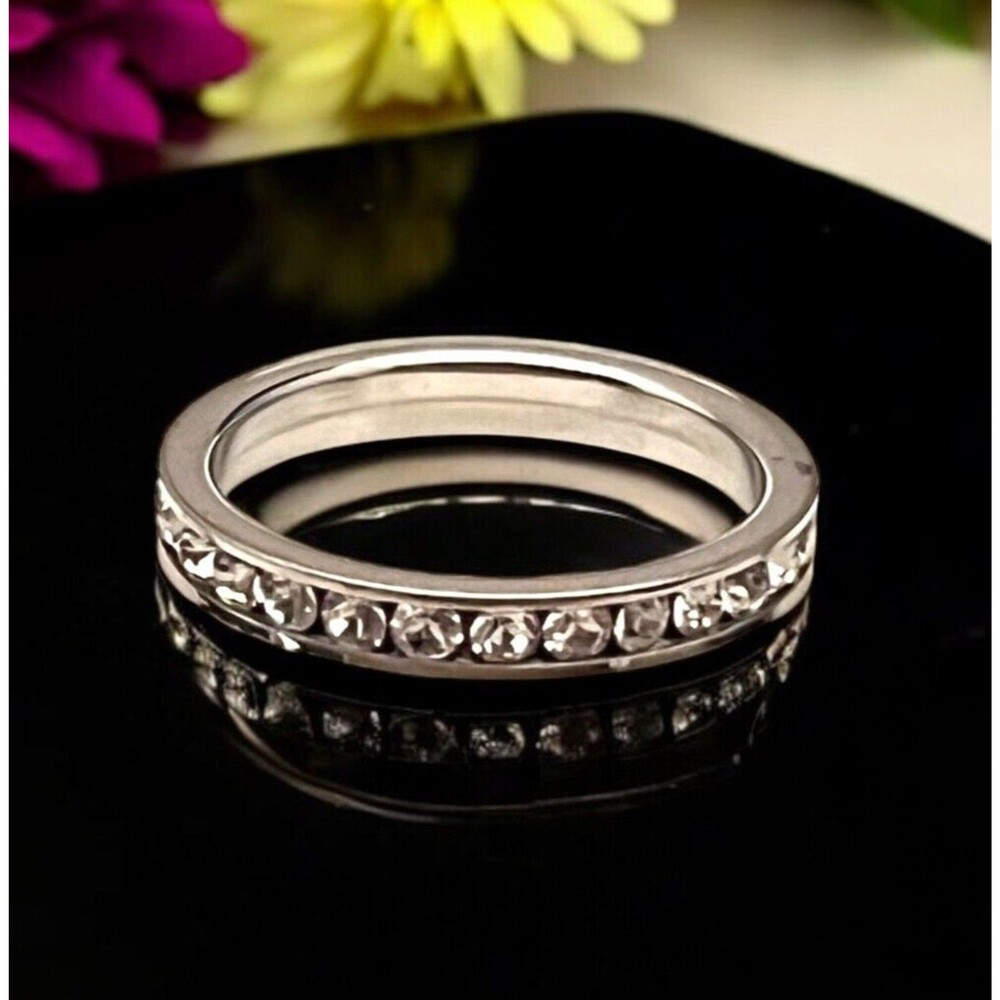 New Boutique Silver Ring Size 9 Stackable Band Clear Crystals - 2P